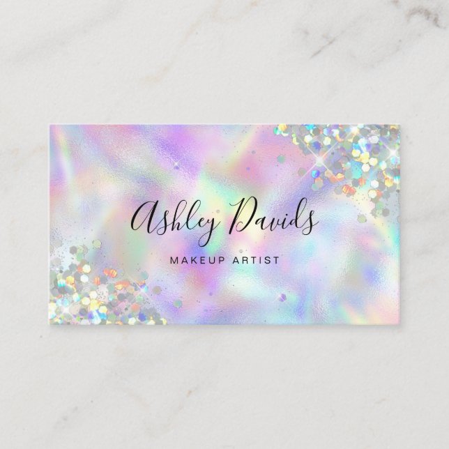 QR-kod Lyx Holografisk Glitter Sminkartist Visitkort (Framsida)