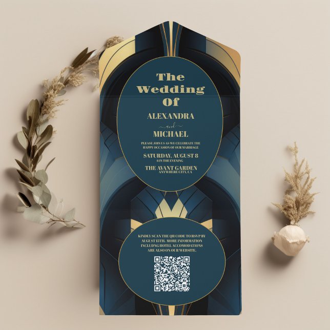 QR-kod: lyxblått och Guld Art Deco Bröllop (Skapare uppladdad)