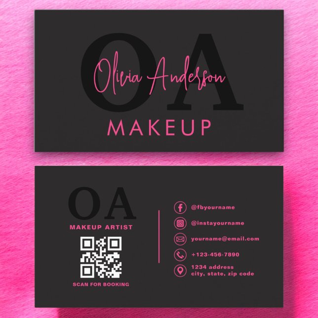 QR-kod Makeup Artist Shock rosa Black Social Media Visitkort (Skapare uppladdad)