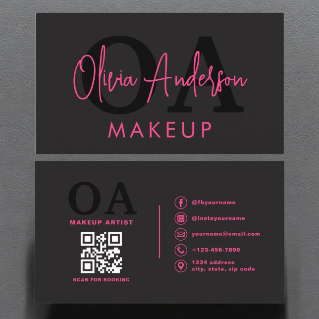 QR-kod Makeup Artist Shock rosa Black Social Media Visitkort (Skapare uppladdad)