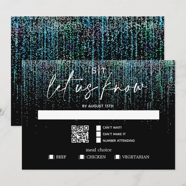 QR-kod Måltid Val Modern RSVP Edgy Teal Glitter Inbjudningar (Fram/baksida)