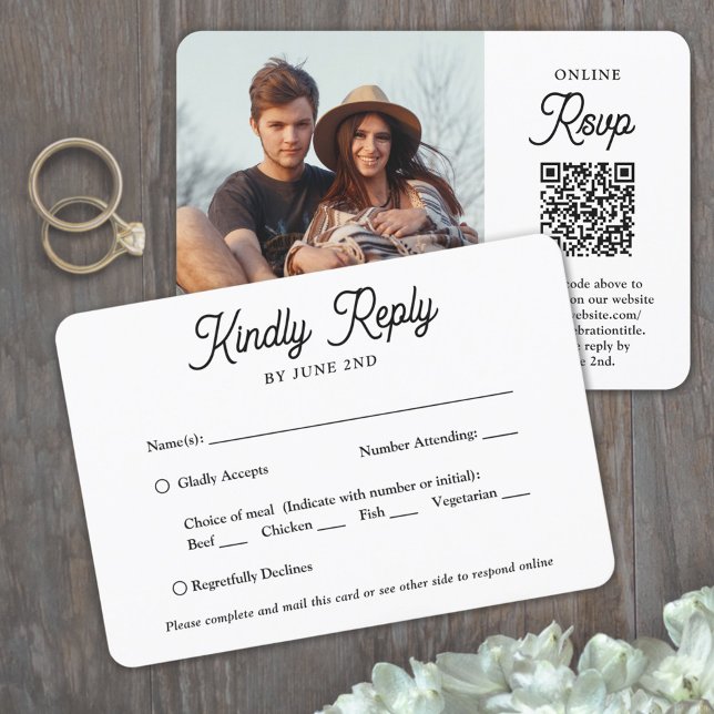 QR-kod & Måltidsalternativ Retro manus Foto Bröllo OSA Kort (Skapare uppladdad)
