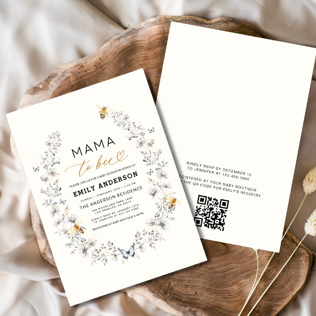 QR-kod Mamma till Bee Wildblomma Baby Shower Inbjudningar (Skapare uppladdad)