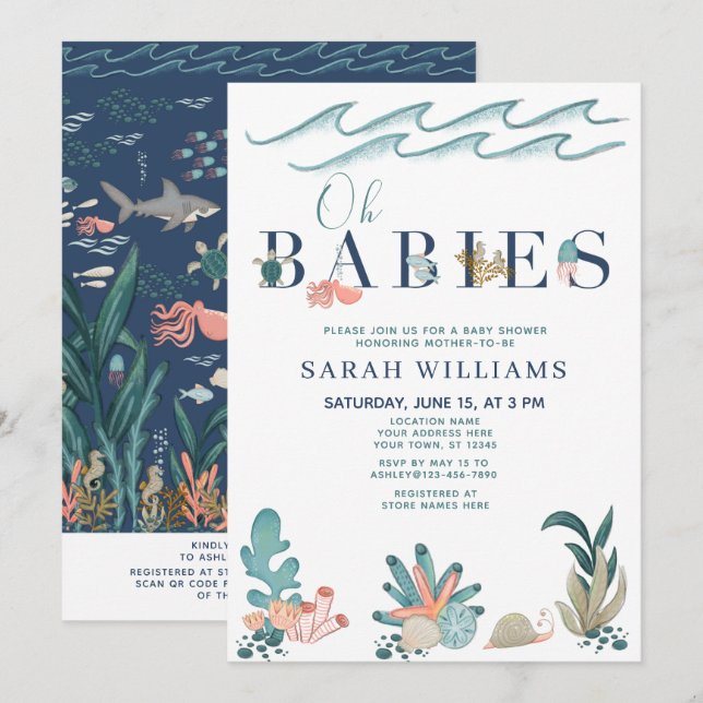 QR-kod Många under Sea Oh Spädbarn Shower Inbjudningar (Fram/baksida)