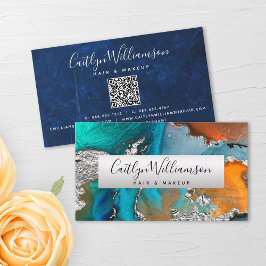 QR-kod Marble Watercolor Turcos Silver Orange Visitkort