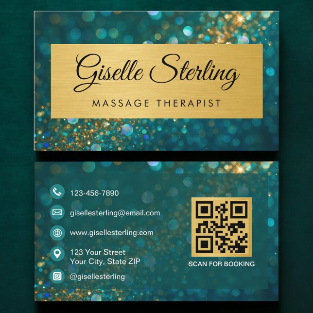 QR-kod Massageterapeut Guld Teal Glitter Visitkort (Skapare uppladdad)