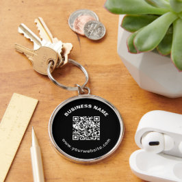 QR-kod med företagsnamn fet cirkulär text Rund Silverfärgad Nyckelring
