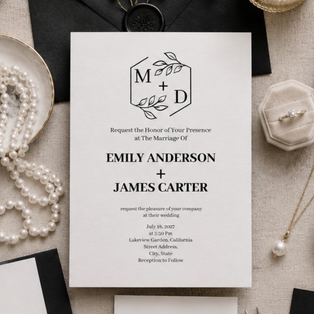 QR-kod Minimal botanisk monogram bröllop  Inbjudningar (black and white monogram elegant wedding invitation)