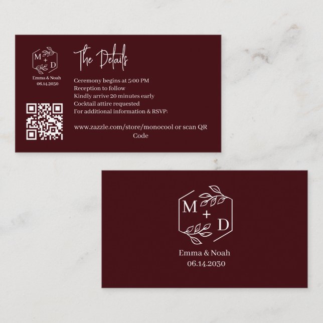 Qr-kod Minimal Monogram Bröllopsdetaljer Burgunder Tilläggskort (Fram/baksida)