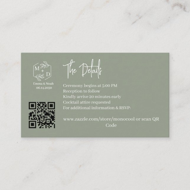 Qr-kod Minimal Monogram Bröllopsdetaljer SageGreen Tilläggskort (Framsida)