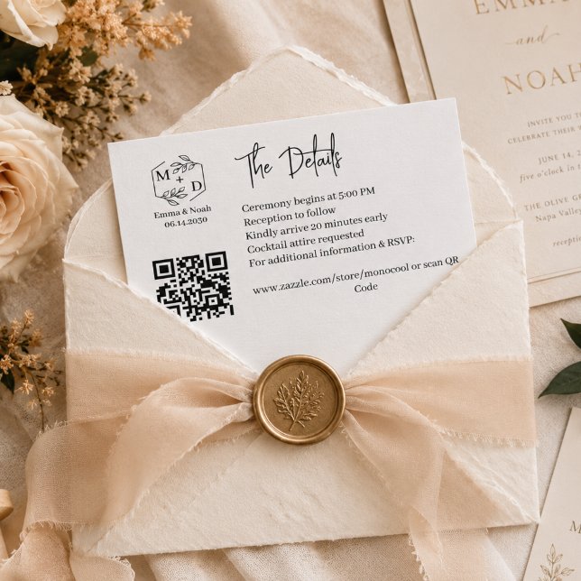 Qr-kod Minimalistisk Monogram Bröllopsdetaljer  Tilläggskort (Qr Code Minimalist Monogram Wedding Details Enclosure Card)