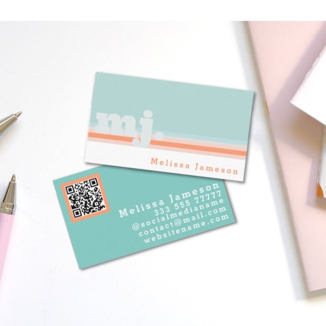 QR-kod | Minsta mint och persika-monogram Visitkort (Feminine monogram business card)