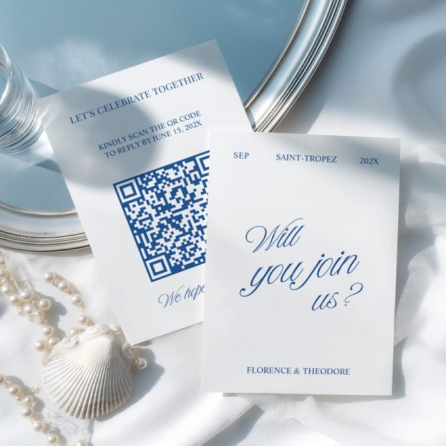 QR-kod Modern Blå & Vit Bröllops-RSVP OSA Kort (QR Code Modern Blue & White Wedding RSVP Card)
