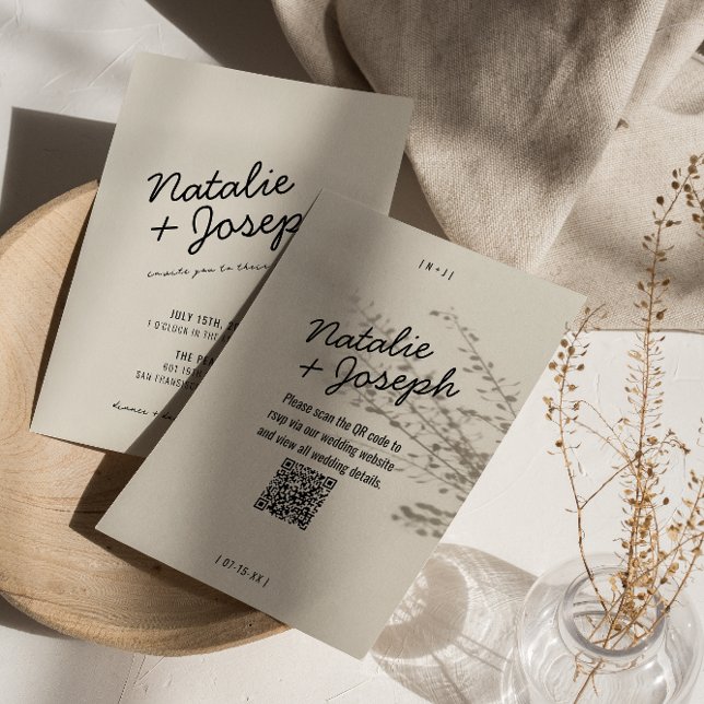 QR-kod Modern Black Cream Retro Whimsical Bröllop Inbjudningar (Skapare uppladdad)