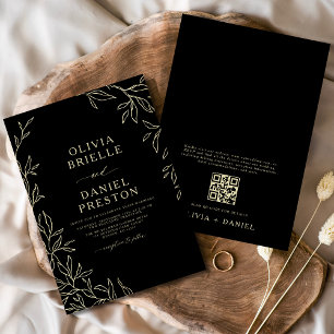 QR-kod Modern Black & Guld minimal Löv Bröllop Inbjudningar