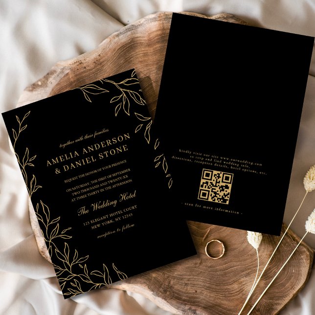 QR-kod Modern Black Guld minimal Löv Bröllop Inbjudningar (Skapare uppladdad)