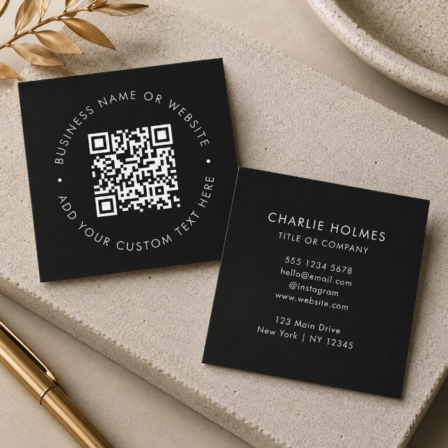 QR-kod | Modern Black Professionell Scan Me Fyrkantigt Visitkort (Interactive editable QR code square business cards to promote your business, products or services.)