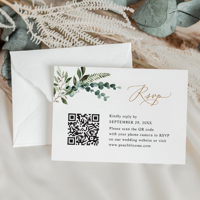 QR-kod Modern Boho Greenery Guld Bröllop OSA Kort (Skapare uppladdad)