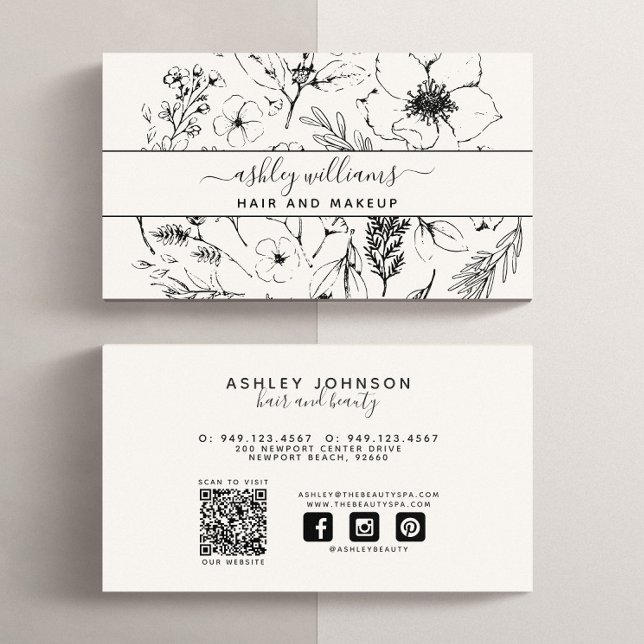 QR-kod Modern botaniska  svarta Social-media Visitkort (QR Code Social Media Business Card)