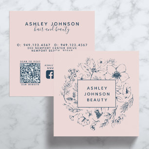 QR-kod Modern botaniskt  Rosa - marinblå marinblå Fyrkantigt Visitkort