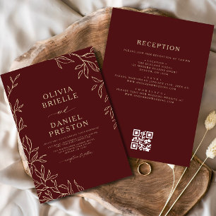 QR-kod Modern Burgundy Guld minimal Löv Bröllop Inbjudningar