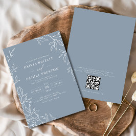 QR-kod Modern Dusty Blue Minimal Löv Bröllop Inbjudningar