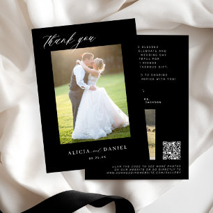 QR-KOD modern elegant skrivstil foto svart bröllop Tack Kort