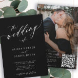 QR-kod, modern elegant svart bröllop Inbjudningar<br><div class="desc">Elegantens inbjudan till fotobröllop med trendiget "bröllop av" vit text och svart bakgrund med ett calligraphy-skript för chic och ditt QR CODE (genereras automatiskt). Anpassa den med förlovningens foto på baksidan och med texten.           Denna inbjudan till ett tidsbegränsat bröllop är lämplig för moderna bröllop-ceremonier och -mottagningar i stil.</div>