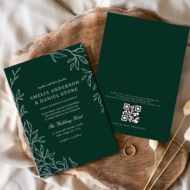 QR-kod Modern Emerald Grönt Minimal Löv Bröllop Inbjudningar (Skapare uppladdad)
