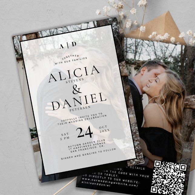 QR-kod modern enkel typografi 2 foto bröllop Inbjudningar (Skapare uppladdad)