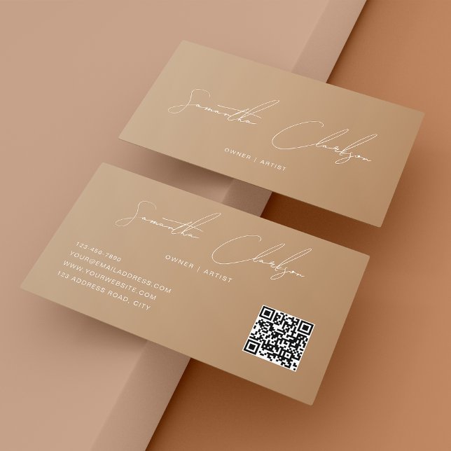 QR-kod Modern Full Boho Beige Handskriven Skrift Visitkort (Skapare uppladdad)