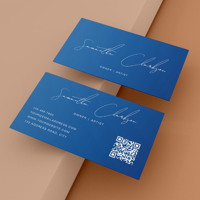 QR-kod Modern Helblå Handskriven Skrift Visitkort (Skapare uppladdad)