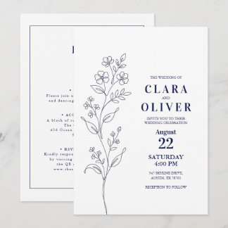 QR-kod Modern marinblå blomstergrafisk linje konst Inbjudningar
