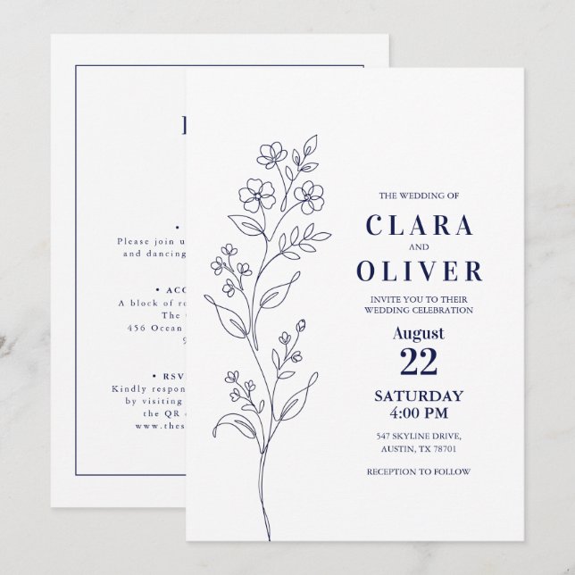 QR-kod Modern marinblå blomstergrafisk linje konst Inbjudningar (Fram/baksida)