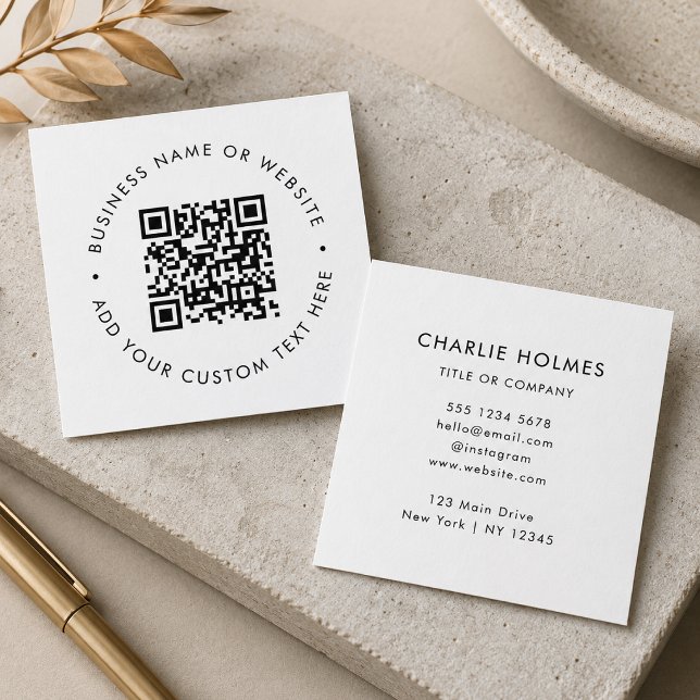QR-kod | Modern minimal enkel vit Professionell Fyrkantigt Visitkort (Interactive editable QR code square business cards to promote your business, products or services.)