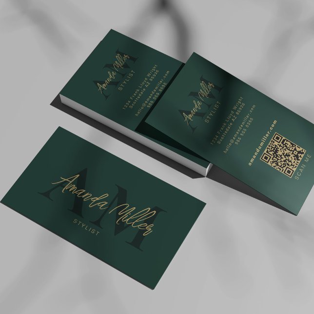 QR-kod Modern Minimalist Monogram Emerald Grönt Visitkort (Skapare uppladdad)