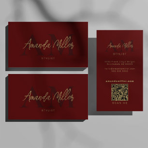 QR-kod Modern Minimalist Monogram Mörk Red Visitkort