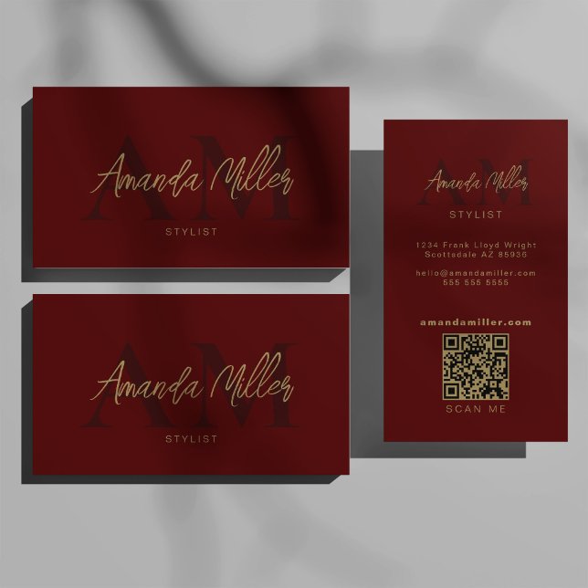 QR-kod Modern Minimalist Monogram Mörk Red Visitkort (Skapare uppladdad)