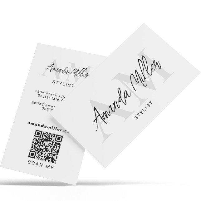QR-kod Modern Minimalist Monogram White Silver Visitkort (Skapare uppladdad)