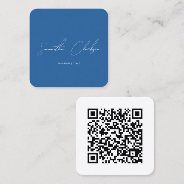 QR-kod Modern Minimalistisk Blå Handskriven Skrift Fyrkantigt Visitkort (Fram/baksida)