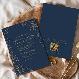 QR-kod Modern Navy Blue Guld Minimal Bröllop Inbjudningar