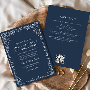 QR-kod Modern Navy Blue Minimal Bröllop Inbjudningar