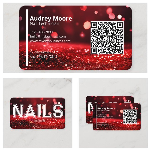 QR-kod Modern Red Glitter Professionell Nagel Tech Visitkort (QR Code Modern Red Glitter Professional Nail Tech Business Card
)
