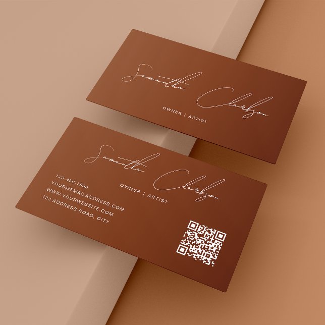 QR-kod Modern Ren Terrakotta Handskriven Skrift Visitkort (Skapare uppladdad)
