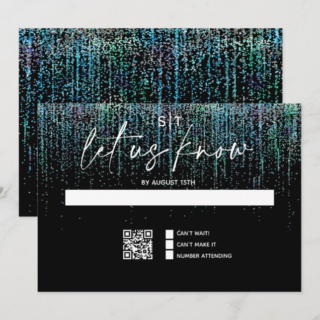 QR-kod Modern RSVP Edgy Teal Glitter Inbjudan (Fram/baksida)