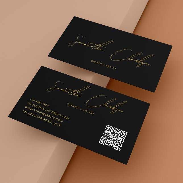QR-kod Modern Svart & Guld Handskriven Skrift Visitkort (Skapare uppladdad)