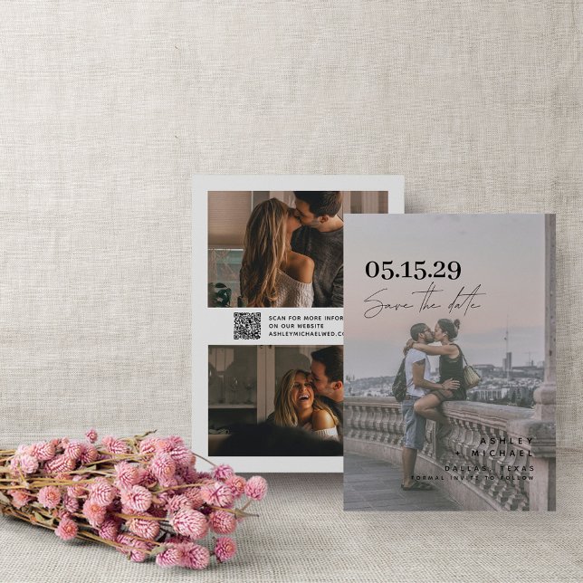 QR-kod Modern Vellum Overlay Script 3-foto Spara Datumet (Save the Date: Love is in the air!)