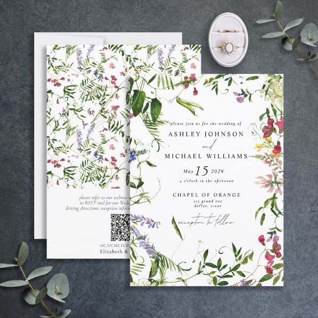 QR-kod Modern Wildblomma Botaniska Blommigten Bröl Inbjudningar (Skapare uppladdad)