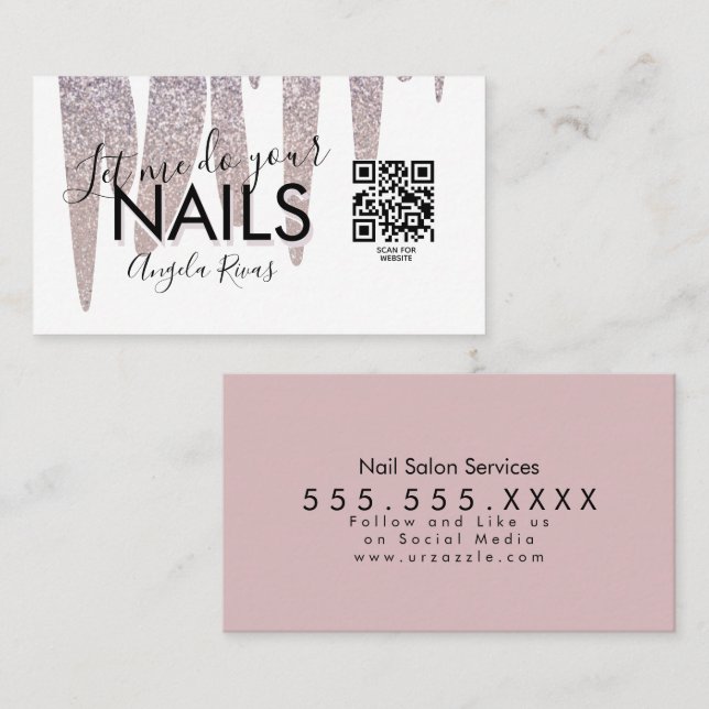 QR-KOD Nagelsalong  Rosa glitter som droppar Visitkort (Fram/baksida)