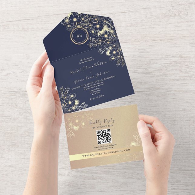 QR-kod Navy Rose Gold Bröllop (Avrivbar del)
